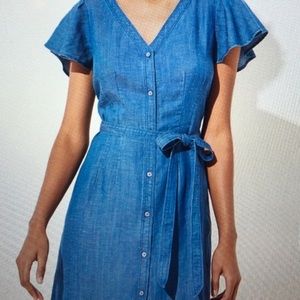 LOFT Chambray Button-down Flutter Sleeve Dress